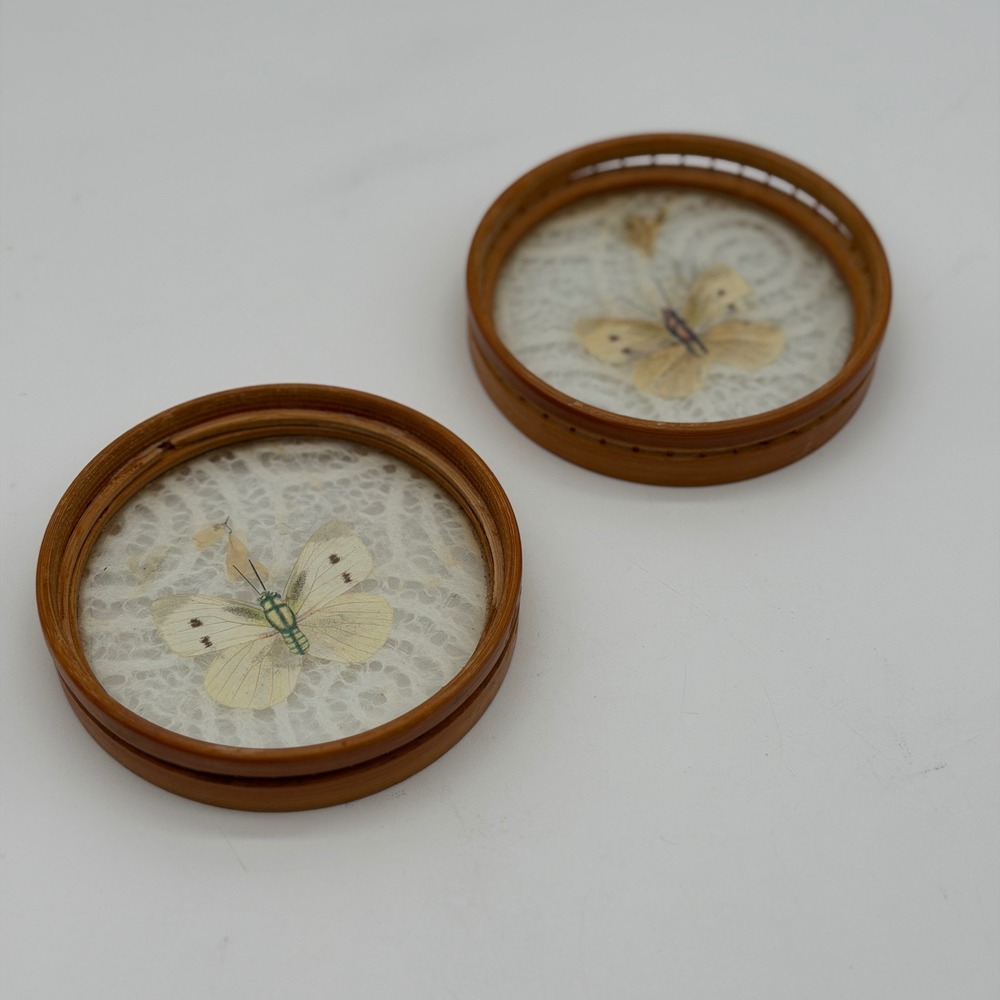 Vintage Bamboo Coasters Set of‎ 2 Pressed Butterfly Lace Inlay Glass Round 4in